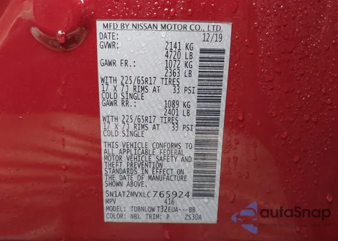 2020 Nissan Rogue Sv Intelligent Awd z USA, uszkodzony, nr VIN 5N1AT2MVXLC765924